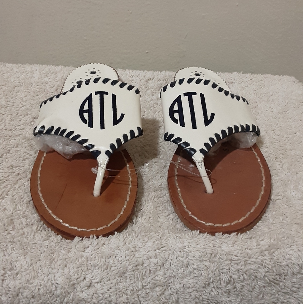 JACK ROGERS Monogrammed White & Black Sample ATL Sandals US 5 Nwd READ⬇️.